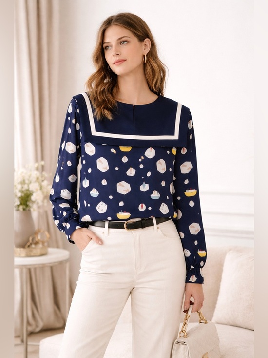 Tops - Lazzari x Katie Pugsley Navy Sailor Collar Blouse – Whimsical Print